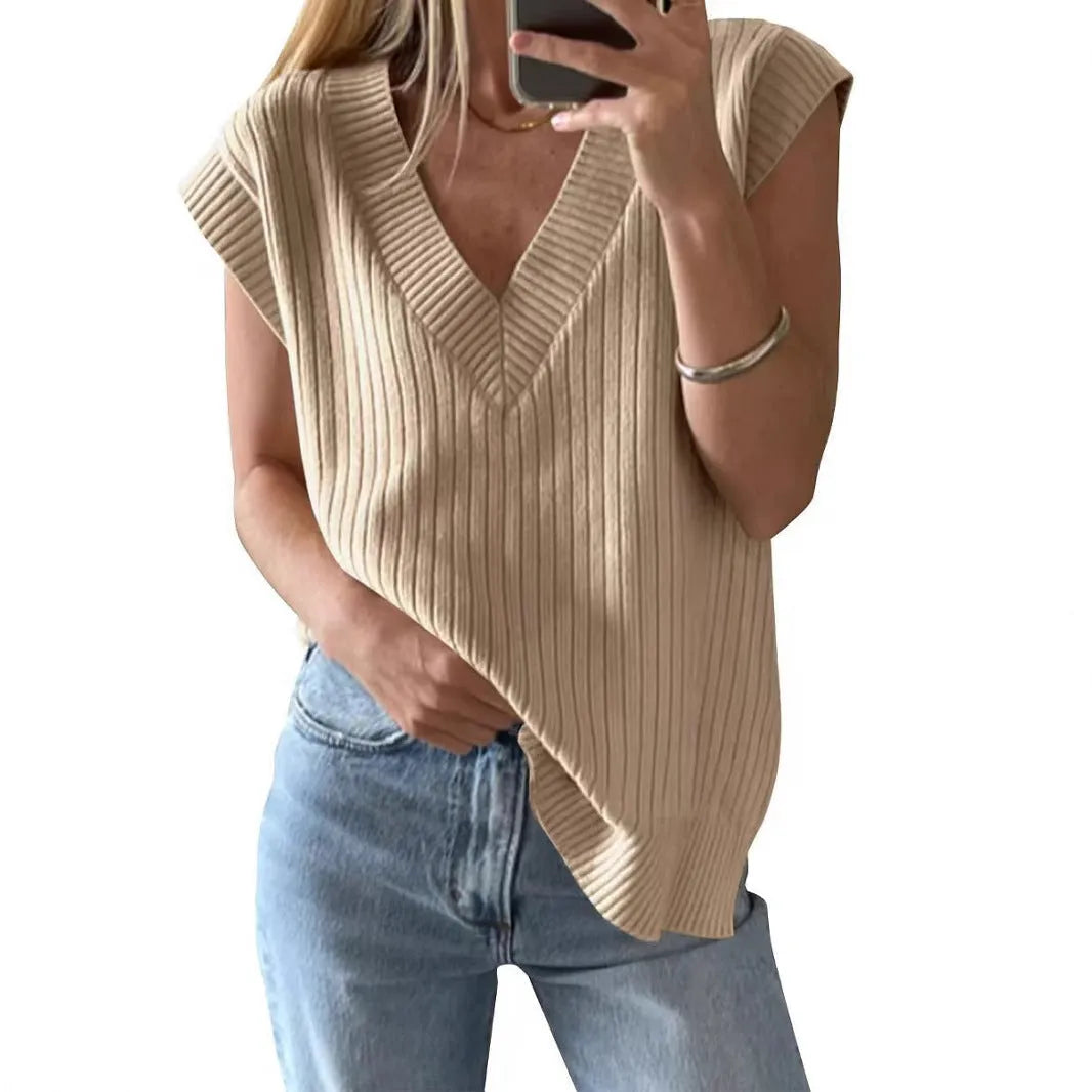 Women's V-neck sleeveless pullover vest in camel colour with striped pattern, loose fit