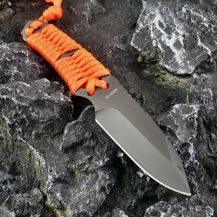 BG197 fixed blade camping survival knife with straight blade, rope-wrapped handle, and black ABS plastic sheath.