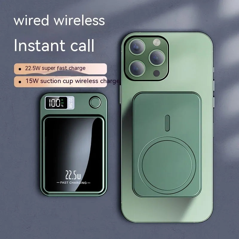 Wireless Magsafe power bank in black with compact industrial design showing charging surface