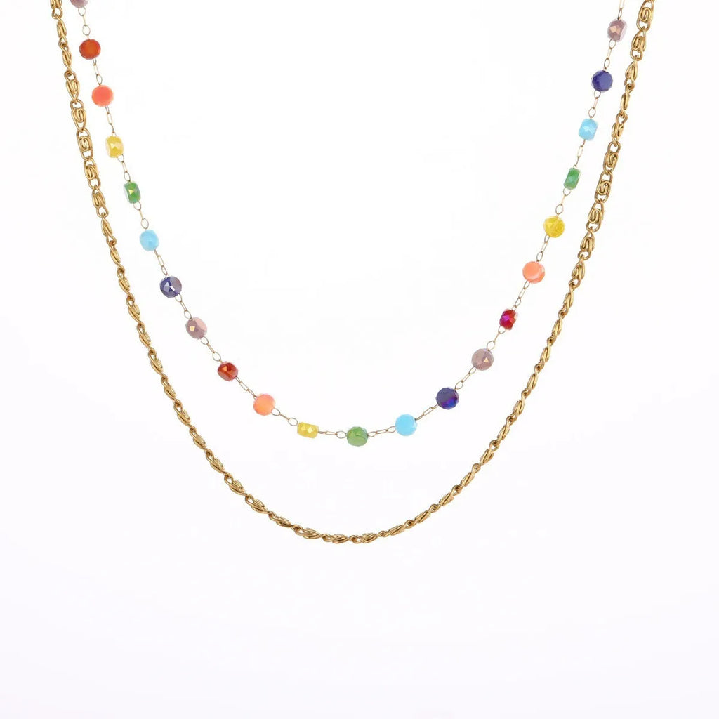 Gold-plated beaded stainless steel double layer twin chain clavicle necklace for women with colourful geometric links