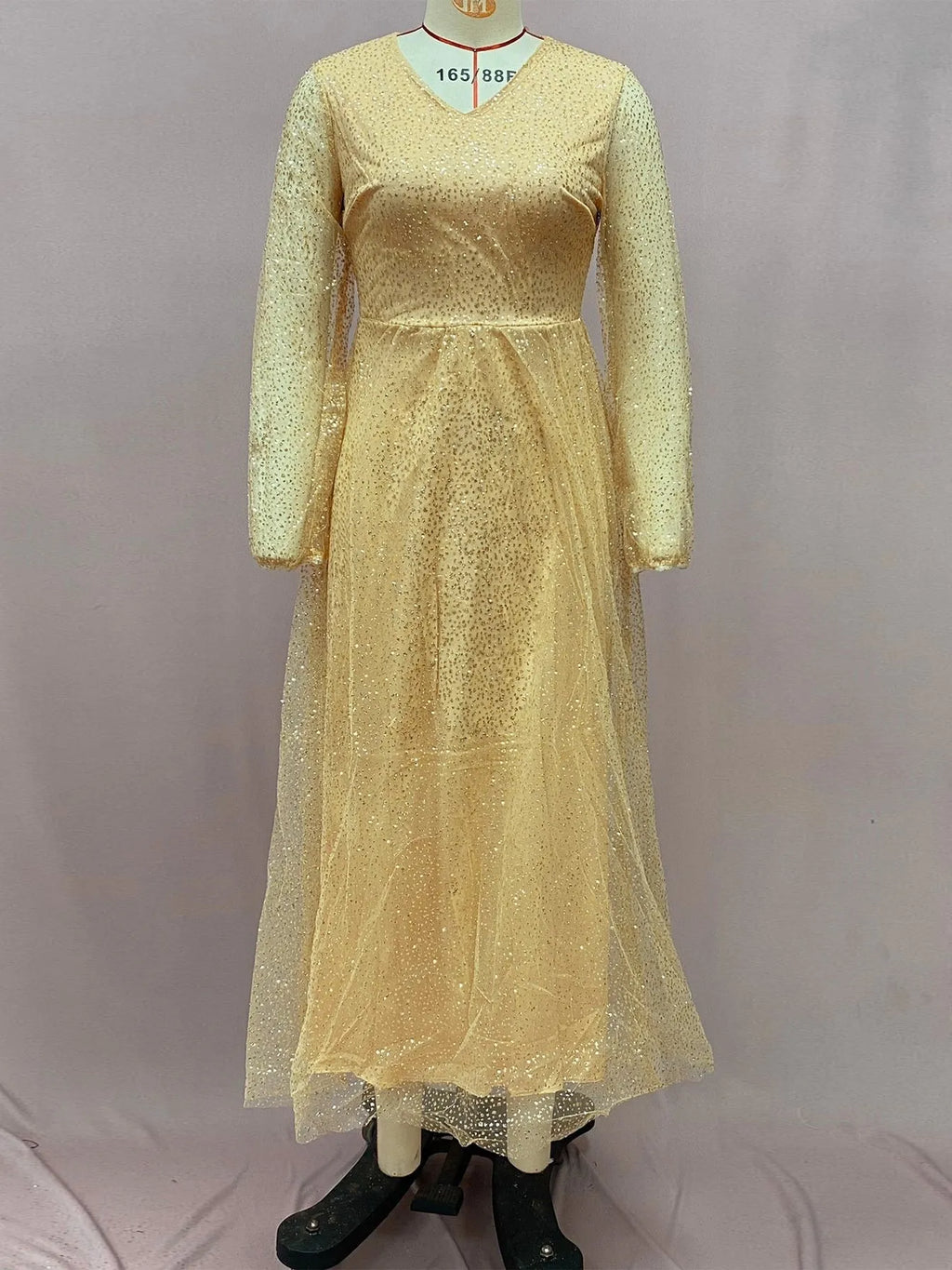 Women's khaki polyester long lantern sleeve dress with starry sky pattern, full-length skirt, size S to XXL