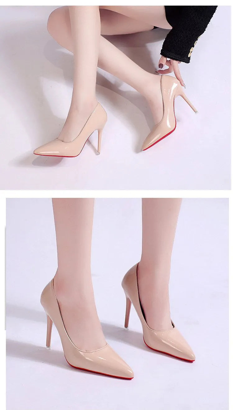 Women's black stiletto pumps with pointed toe and shallow mouth design on white background