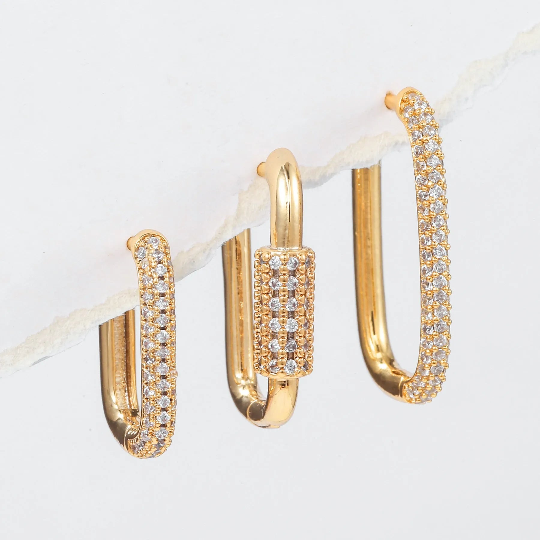 Geometric copper ear clip set with micro inlaid zircon detailing in gold and white colour options