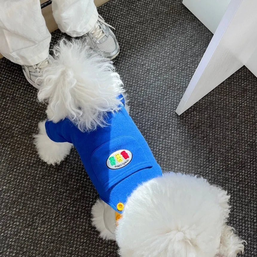 Blue polyester dog overalls on pet, unisex casual style, spring autumn wear