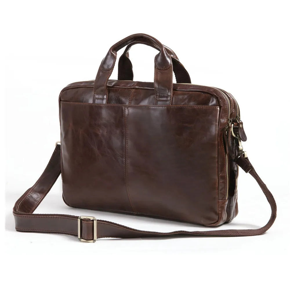 Brown leather men's business briefcase with 18-inch size and first layer cowhide construction
