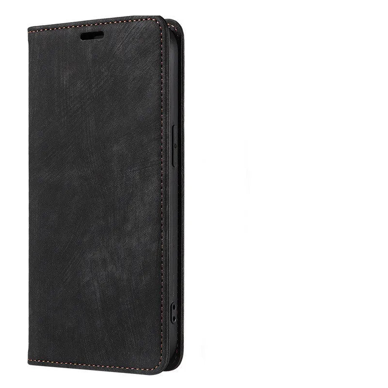 Magnetic leather flip phone case for iPhone in grey, showing front cover closed.