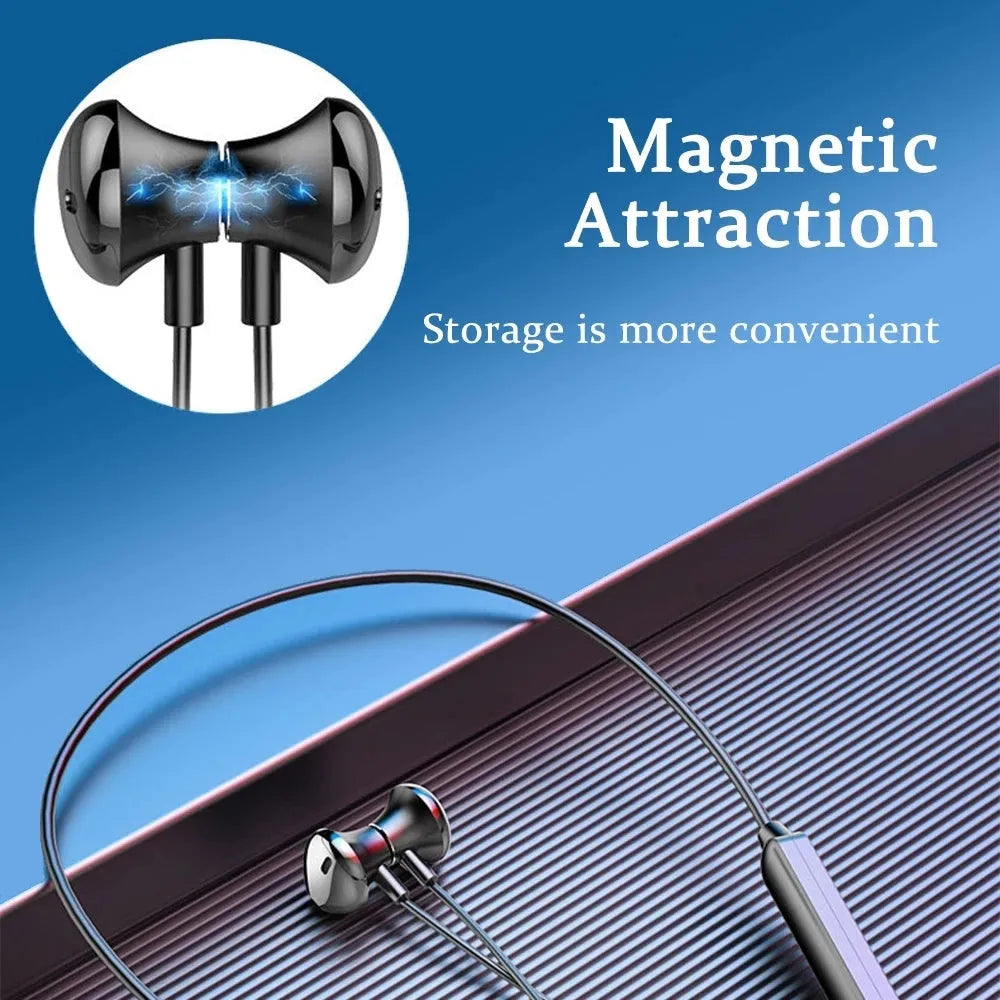 Black neck-mounted wireless sports earphones with Bluetooth 5.0 and 10-metre transmission range