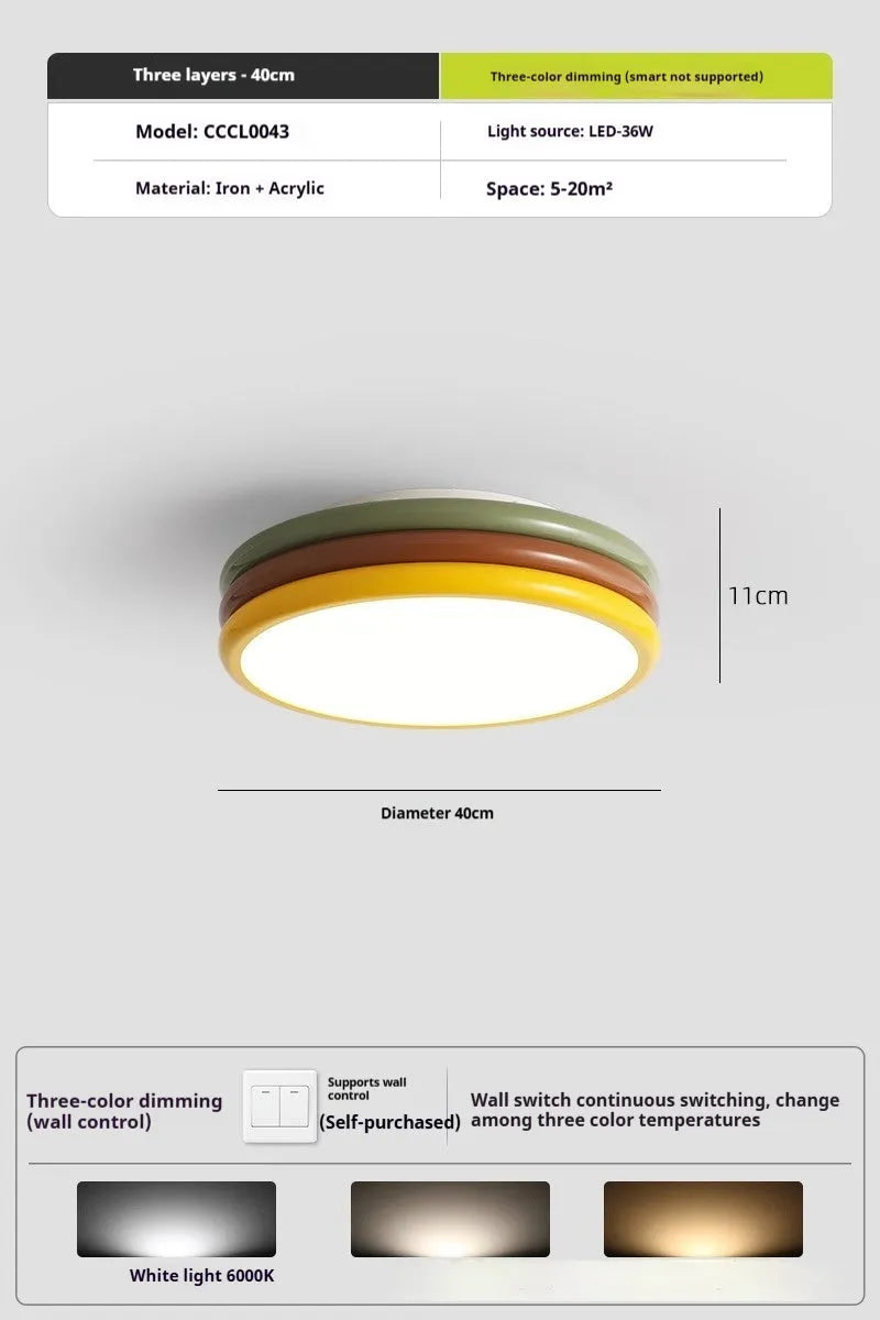 Nordic cream style eye protection ceiling lamp with three-color light and dimmable smart control