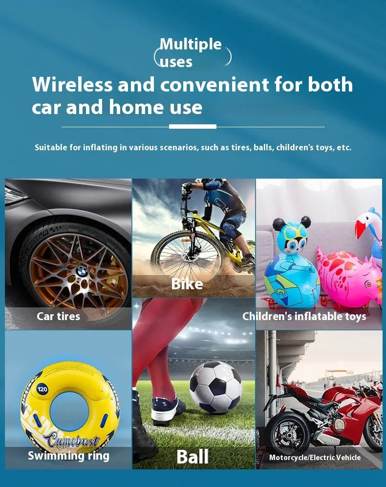 Portable wireless tyre pump with power bank and flashlight for car motorcycle bicycle inflation