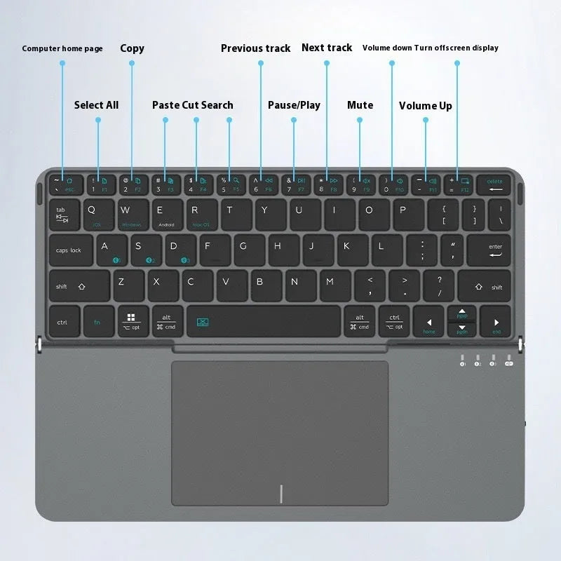 Grey wireless Bluetooth folding keyboard for smartphones and tablets showing compact portable design