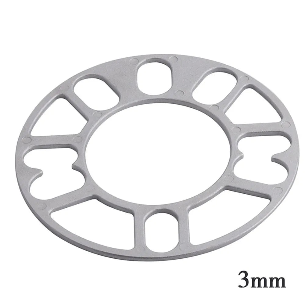 A metal wheel hub widening spacer gasket for automotive use, shown with thickness options.