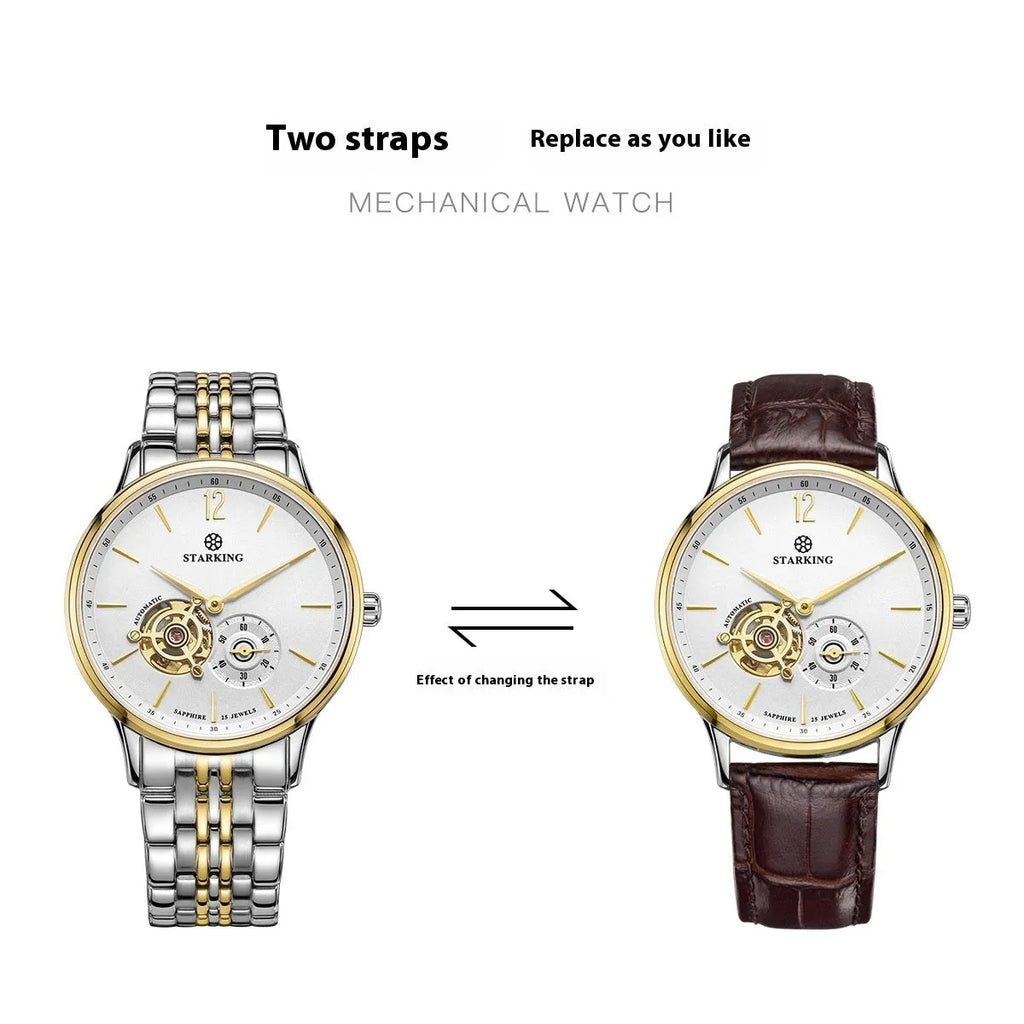 Automatic mechanical men's business watch with brown leather strap and sapphire crystal face.