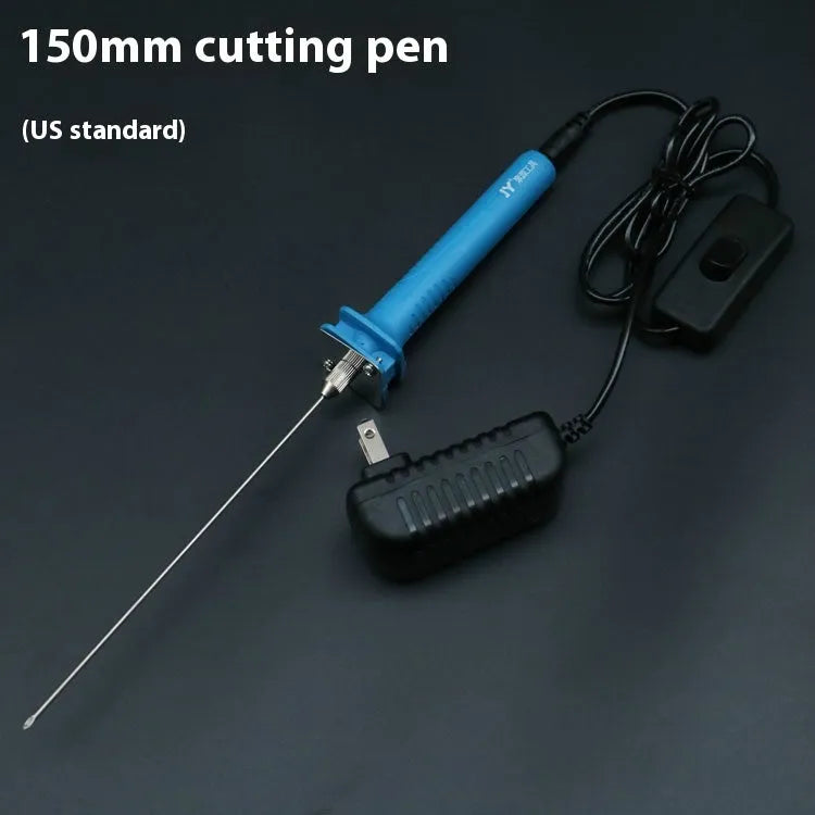 Blue plastic-handled electric heating cutter pen with a pointed metal tip for cutting foam.