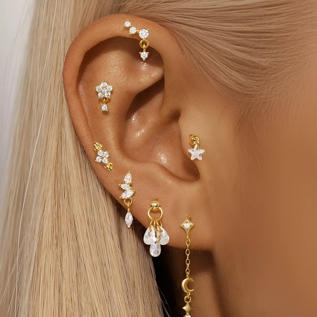 S925 sterling silver geometric earrings with moon and star design and embedded diamonds