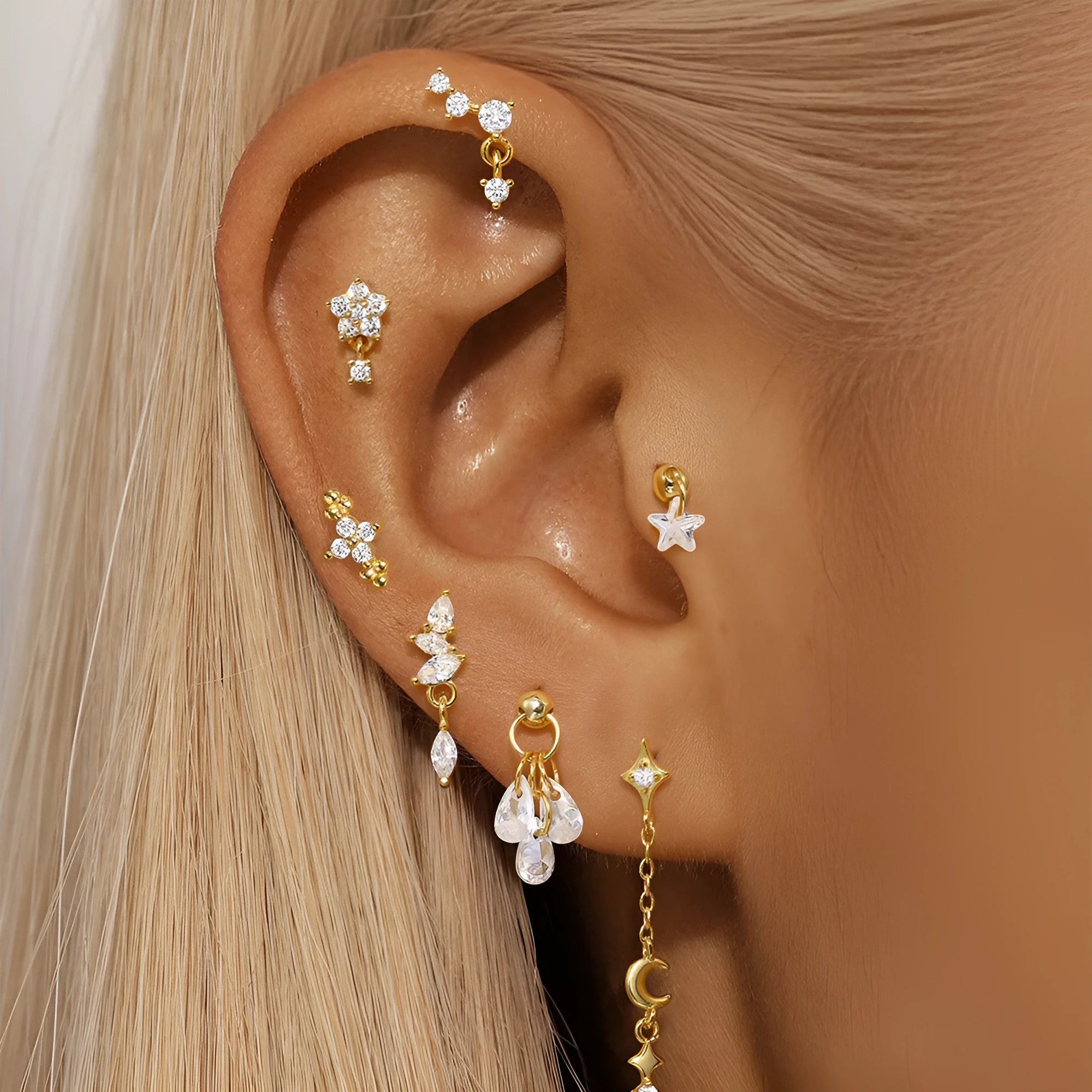 S925 sterling silver geometric earrings with moon and star design and embedded diamonds