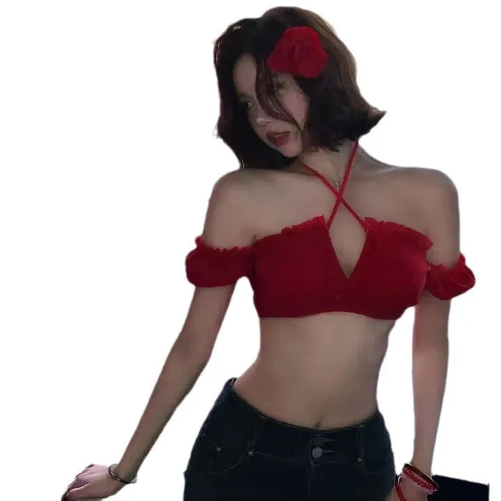Red women's bikini swimsuit with puff sleeve skirt design and briefs-style bottom
