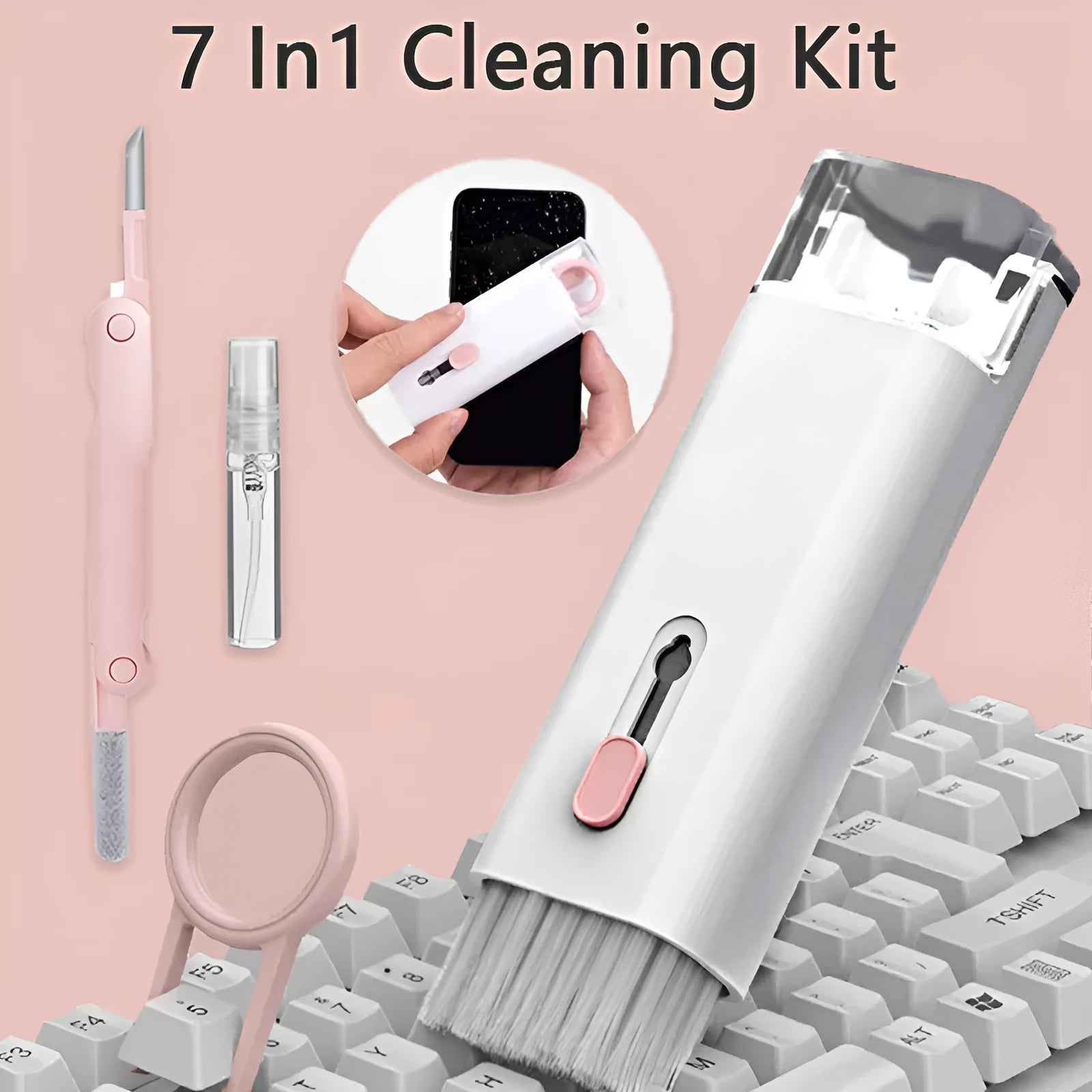 White multifunctional electronic cleaning kit with foldable pen, retractable brush, keycap puller, and spray bottle.