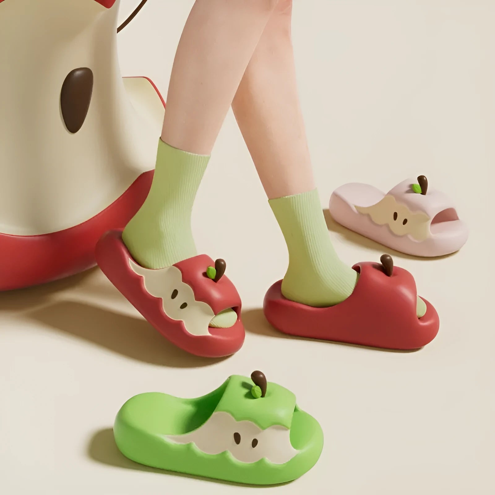 EVA cartoon fruit flip flop slippers in light pink colour with thick sole