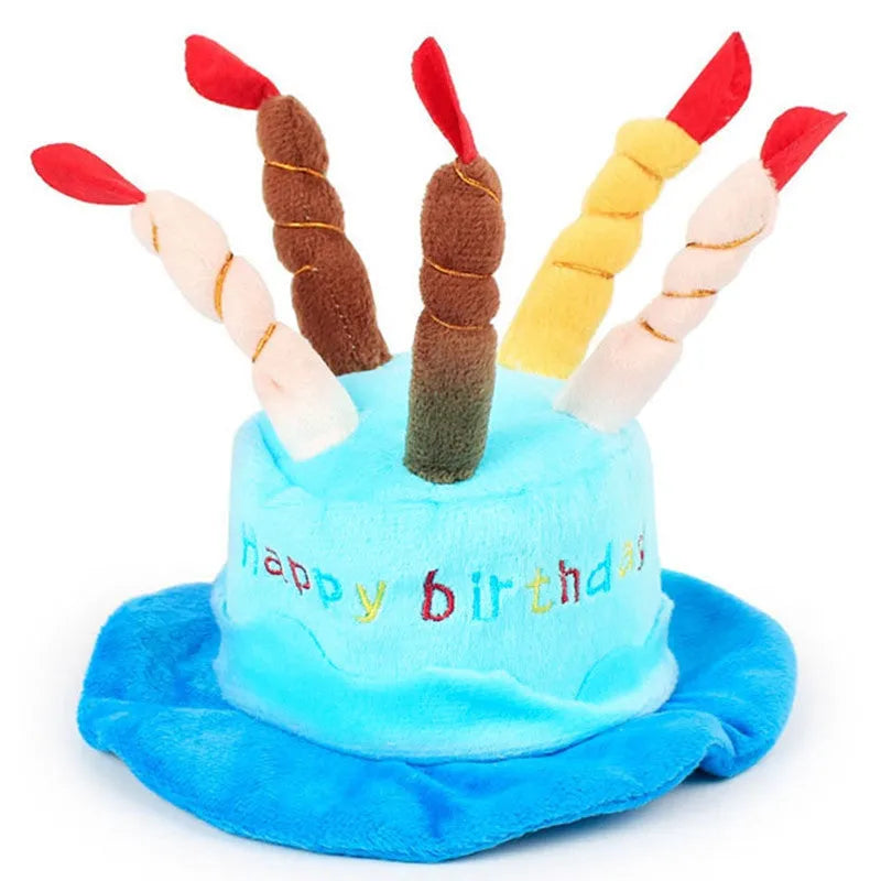 Blue adjustable dog birthday hat on small dog with measurements showing 21cm length 15cm width