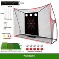 Golf swing wedge training net kit with straw mat, practice balls, and accessories laid out.