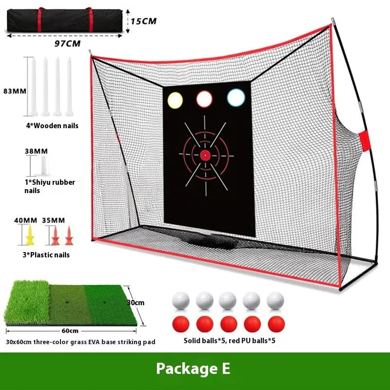 Golf swing wedge training net kit with straw mat, practice balls, and accessories laid out.