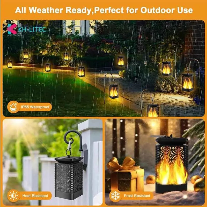 Set of four black solar-powered flame torch lights with flickering LED for outdoor garden decoration