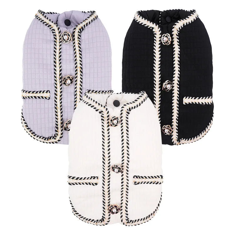 Dog wearing quilted polyester coat in cartoon style design available in three colours