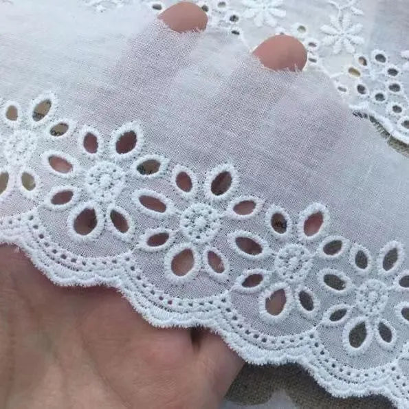Roll of white cotton embroidery lace trim with cutout pattern, showing width variations.