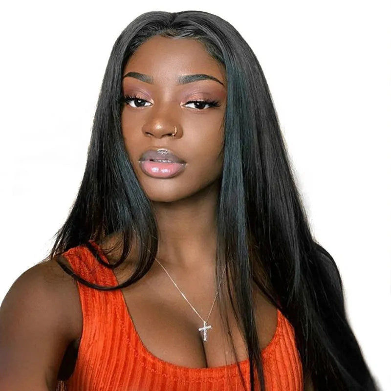 Long straight black synthetic wig with centre-parted bangs on a hair cover