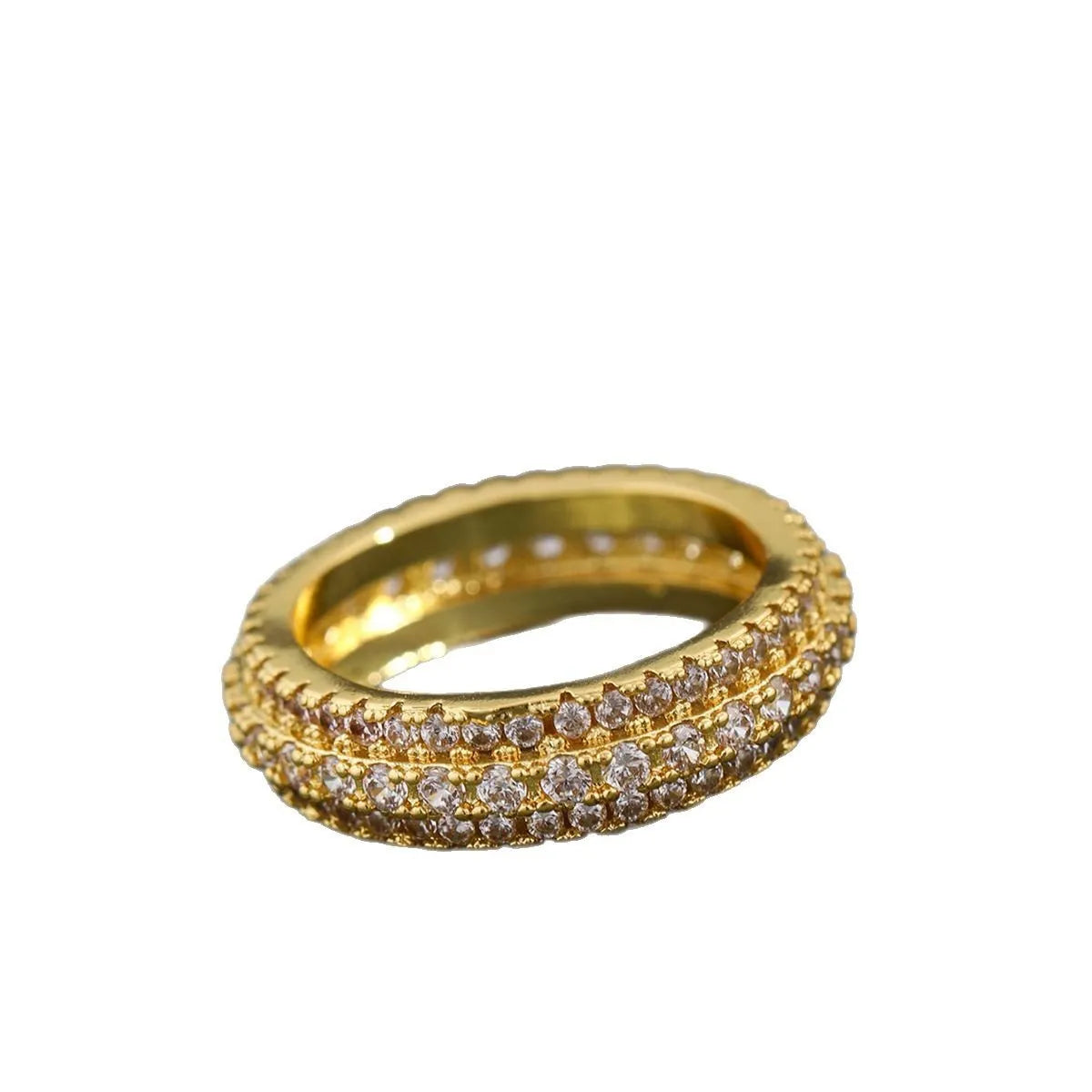 Geometric triangle-shaped copper ring with a zircon stone inlay, shown in different colour finishes.