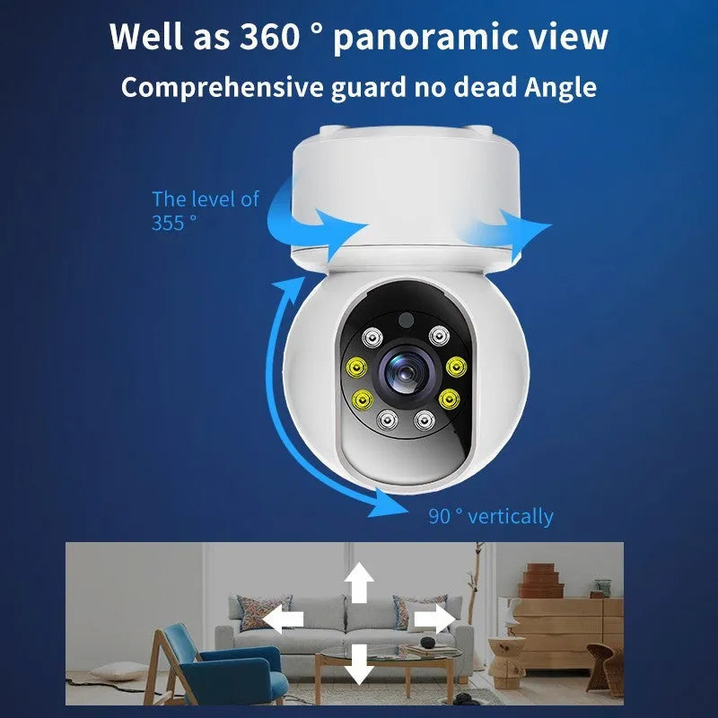 White wireless indoor security camera with 360-degree rotation and full-colour night vision capabilities