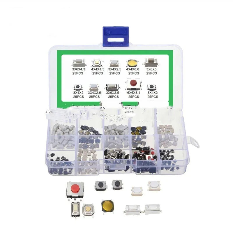 250-piece box of surface mount tactile switch buttons for PCB electronics assembly