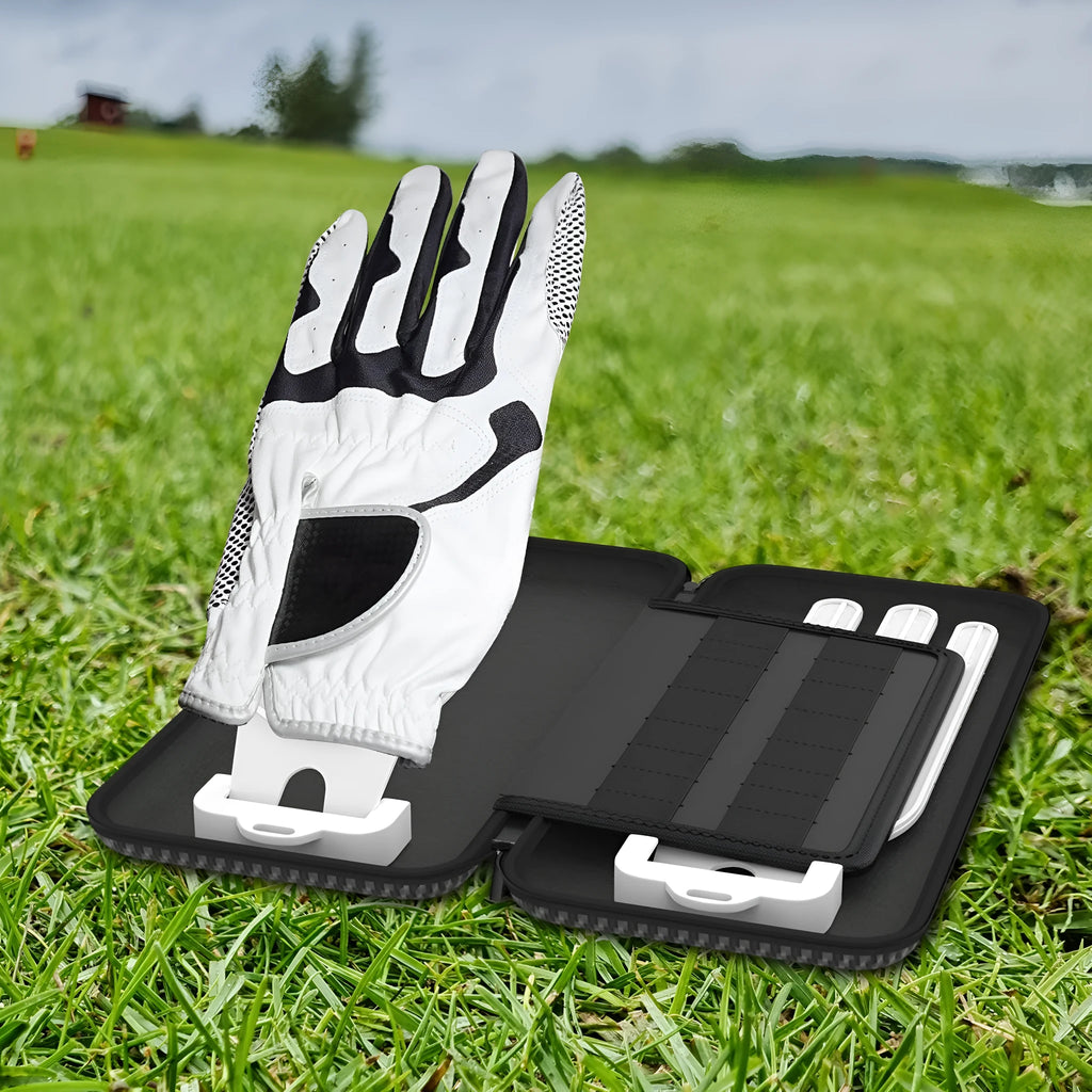 Silver grey golf double glove storage box with two brackets for golf accessory organisation