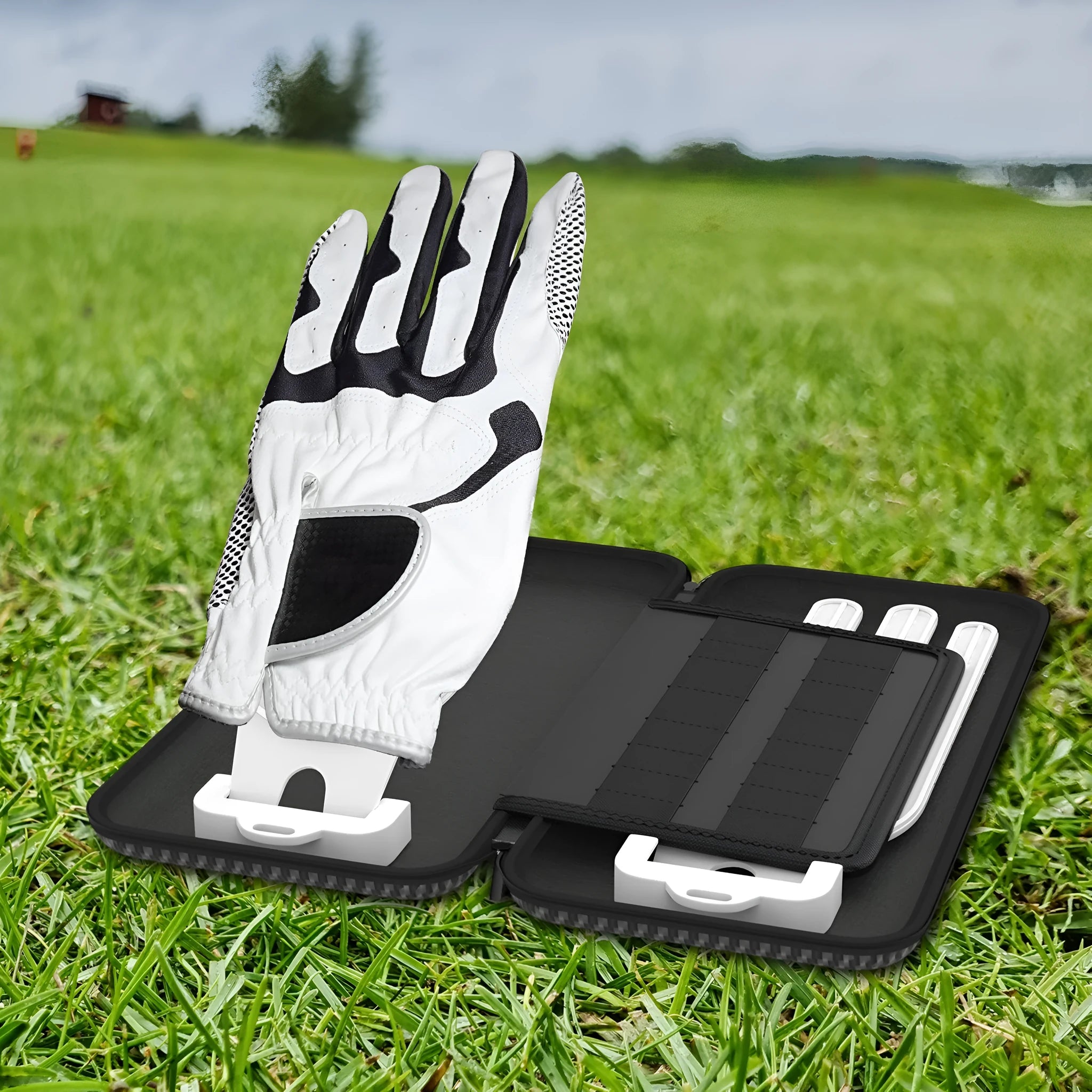 Silver grey golf double glove storage box with two brackets for golf accessory organisation