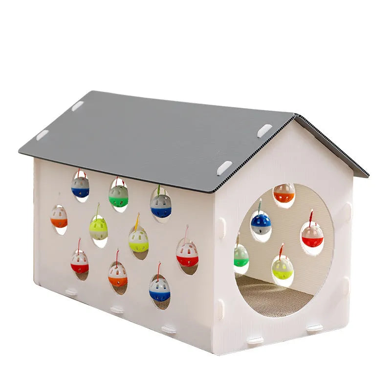 Plastic integrated cat scratch board, nest, and tunnel toy with a bell ball
