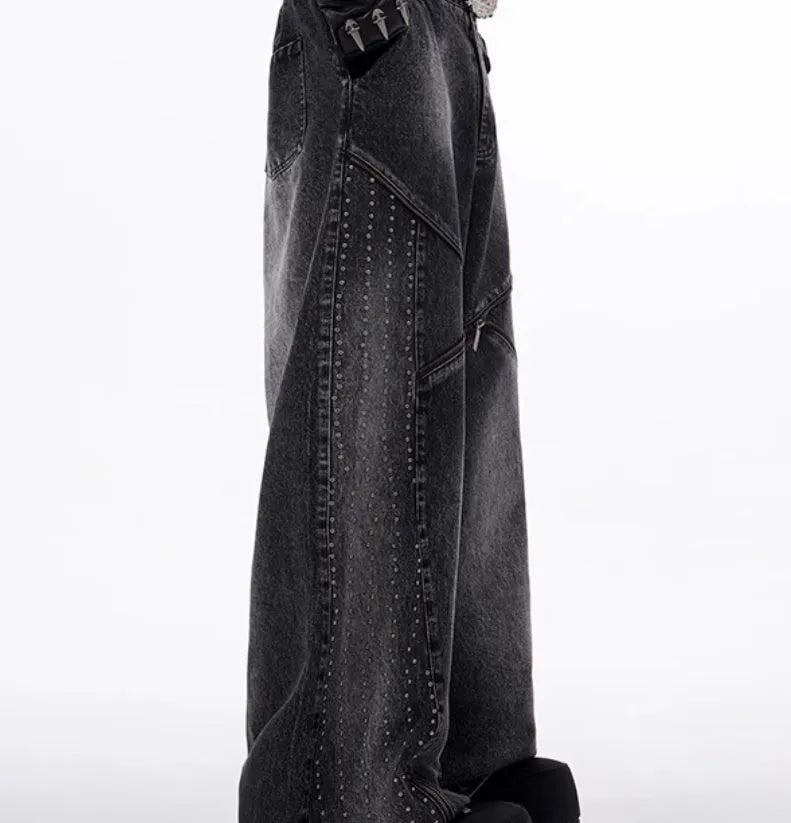 Black and grey Korean-style wide leg denim trousers with matching vest top laid flat.
