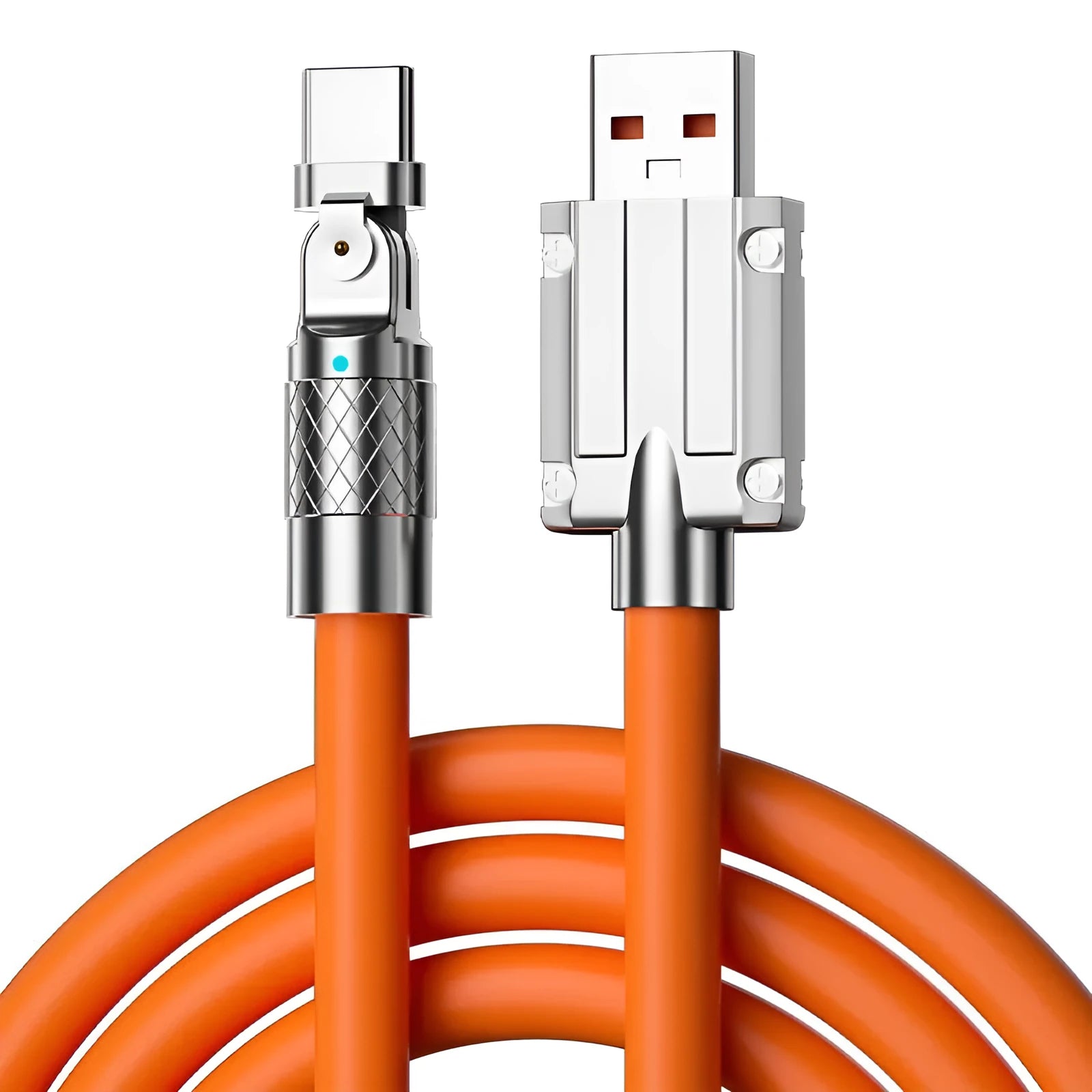 Orange rotating elbow charging cable with zinc alloy head for Lightning, Micro USB, and Type-C devices