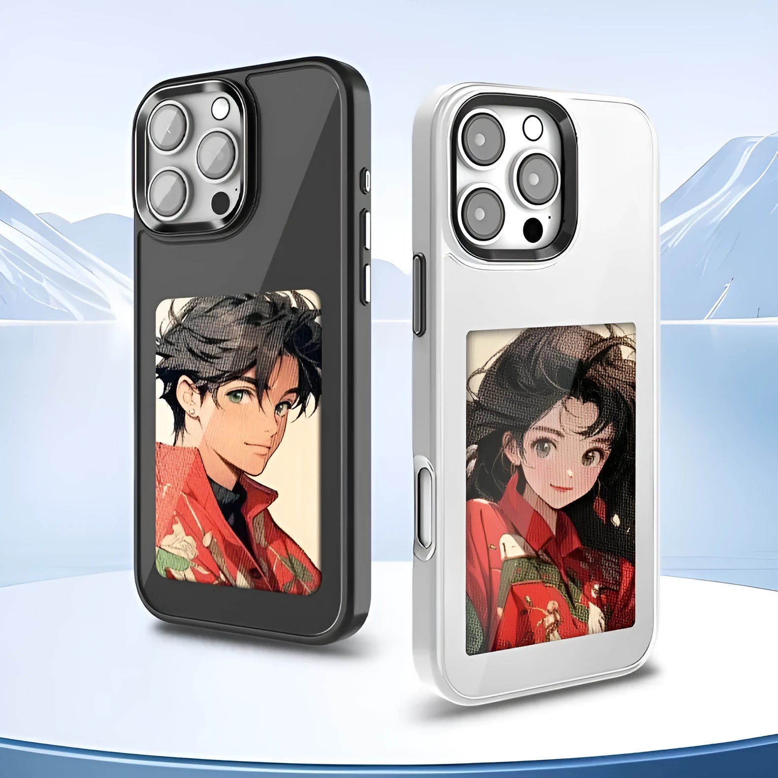 Black smart NFC phone case with four-colour e-ink screen and 3D relief texture for iPhone 11-16 series
