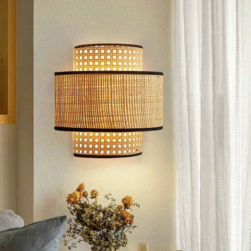 Retro rattan wall bedside lamp, 25cm diameter and 24cm height, LED 3000K, concealed wall installation