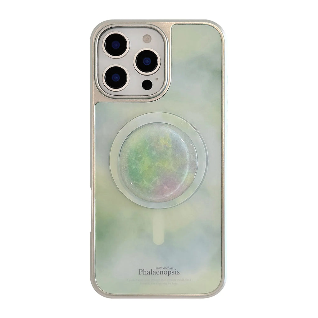 Green stone pattern phone case with silver electroplated edge and magnetic suction bracket for Apple iPhone