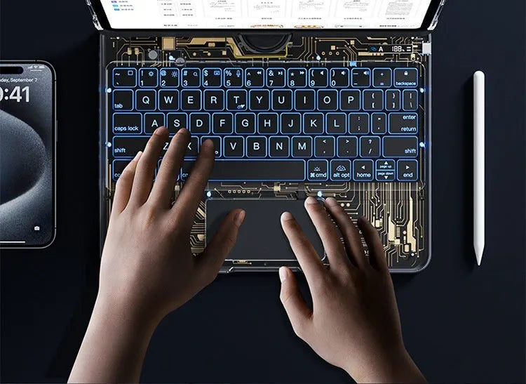 360 swivel iPad keyboard case with transparent backplate and telescopic pen slot in black colour option