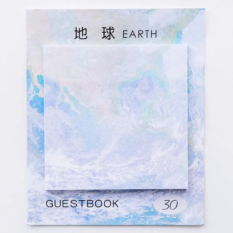 Square planet sticky notes pad showing oil painting designs of Earth, Mars, and moons at 7.3cm size.