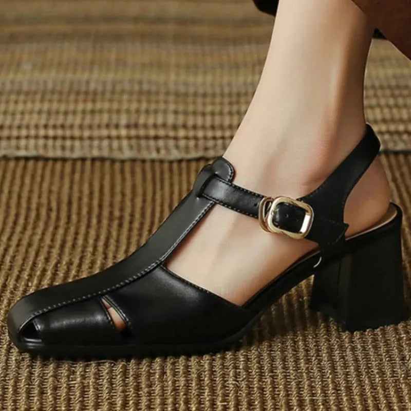Women's closed toe chunky heel sandals in dark brown or black, retro hollow design, sizes 35-40
