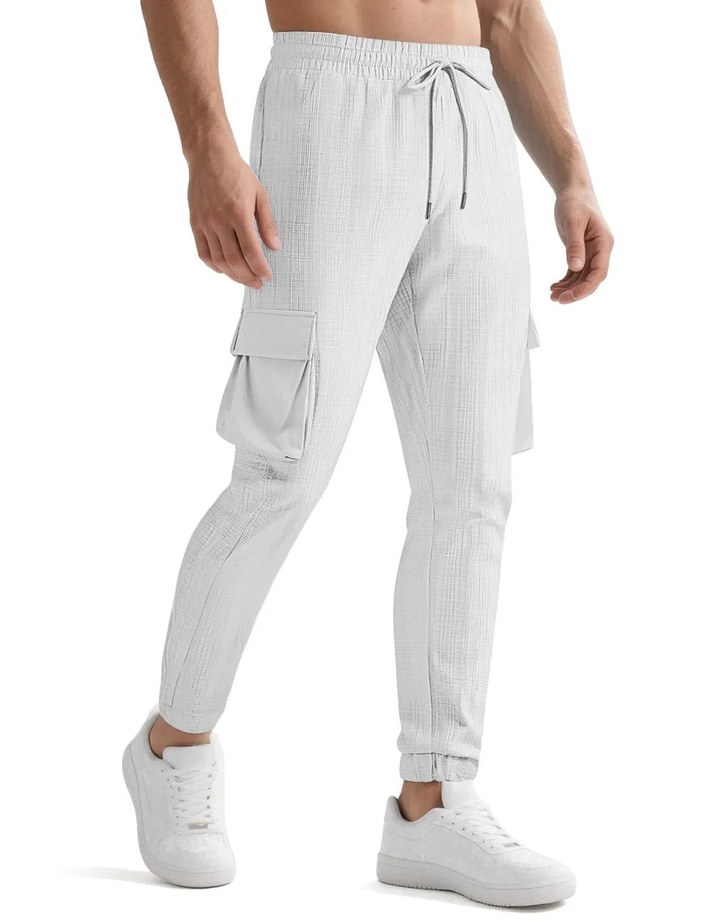 Men's drawstring multi-pocket casual pants in polyester with striped design, mid-waist, available in multiple colours and sizes S-XXXL.