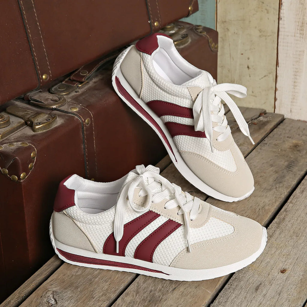 Women's wine red Cortez Retro sneakers with cross strap design and mesh lining