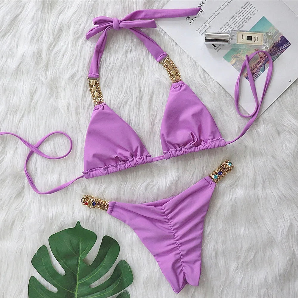 Rhinestone metal accessories pure colour bikini set for women in purple with nylon lining