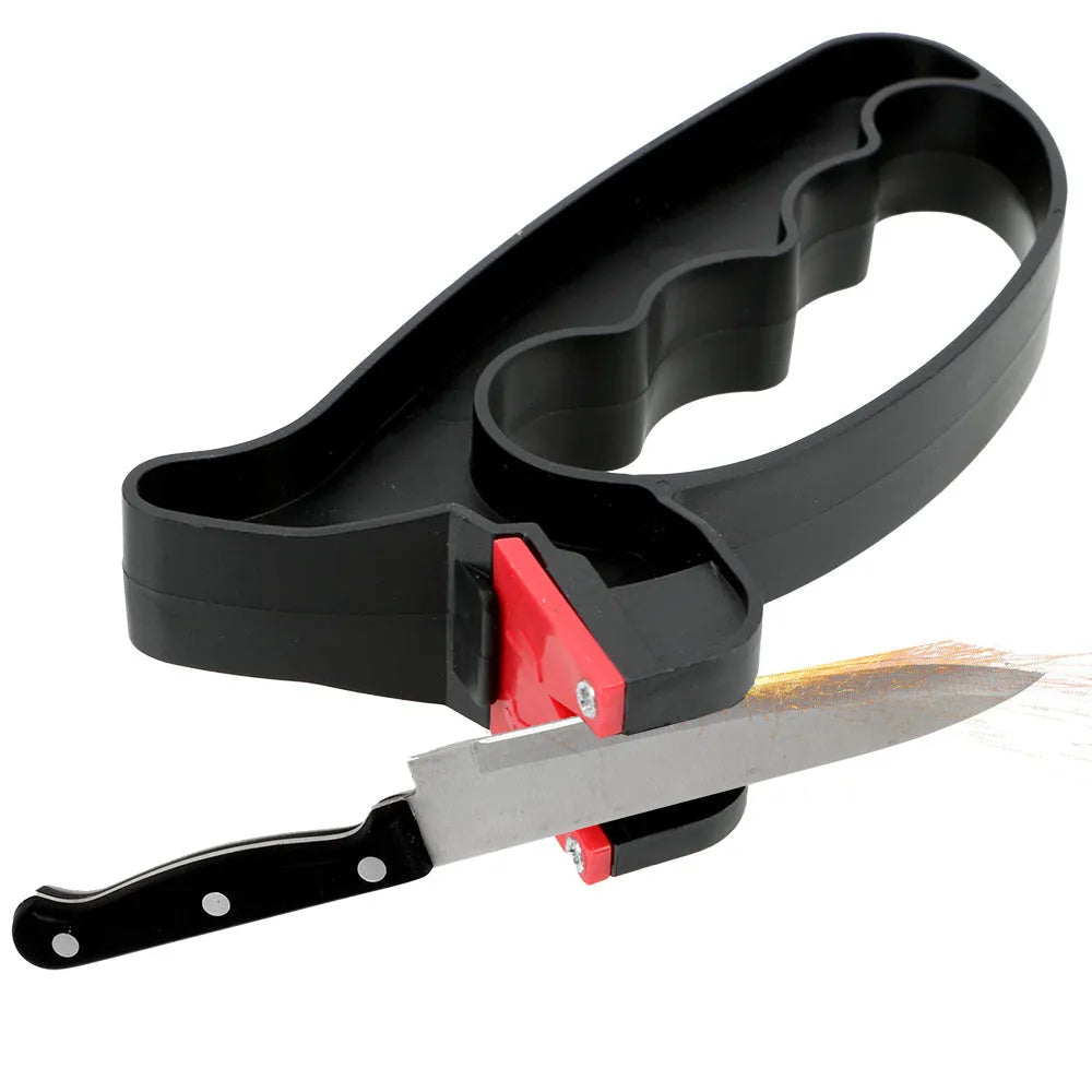 Black handheld knife and scissor sharpener with ergonomic grip on white background