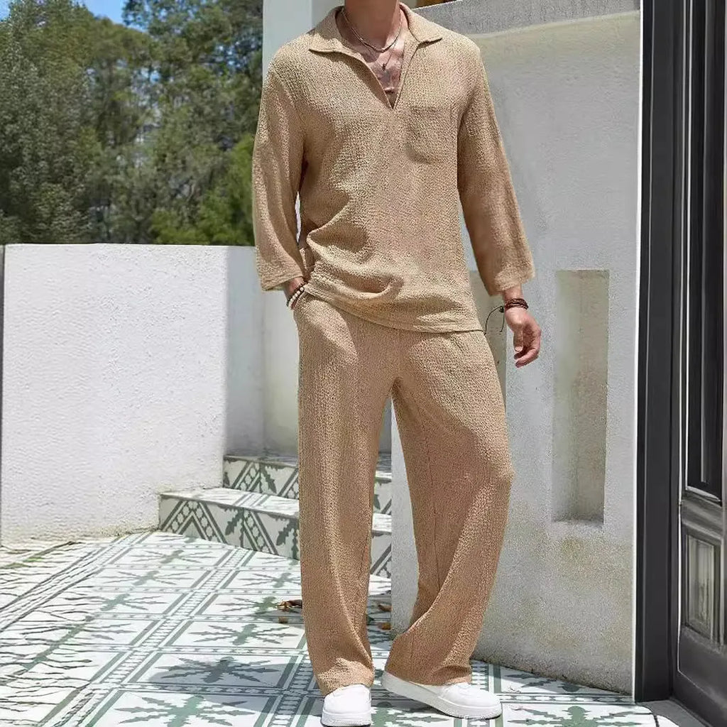 Men's casual shirt trousers suit set in polyester fabric for autumn commuting and leisure wear