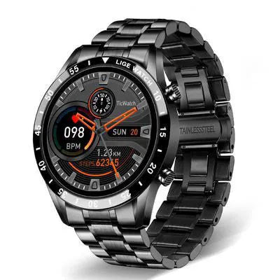 Smart watch with stainless steel wristband and 1.3-inch touchscreen display showing interface