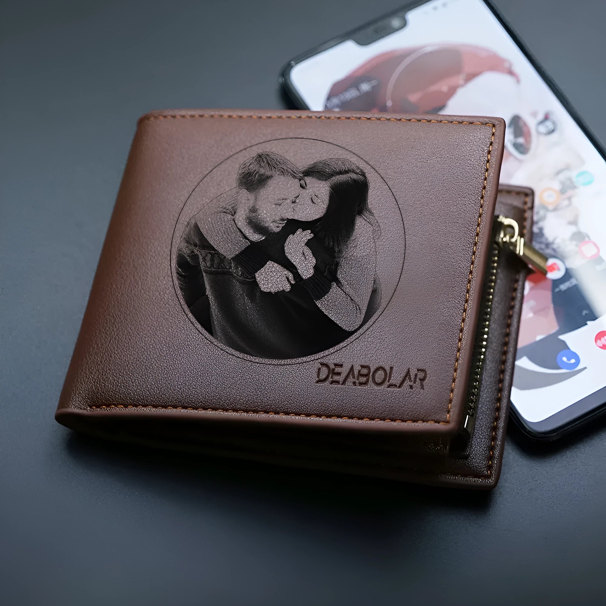 Men's leather wallet showing seven card slots and zipper closure mechanism